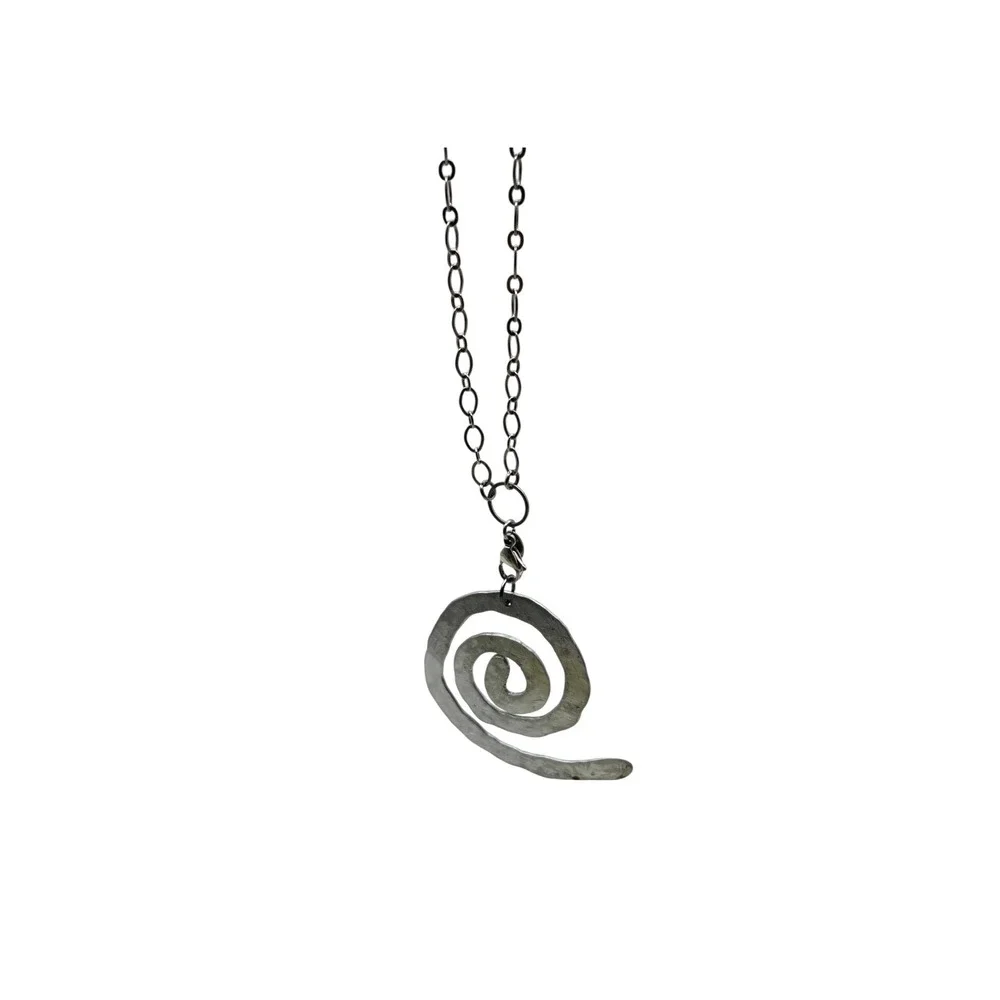 Spiral Pendant Necklace Silver Tone Hammered Metal Artisan Style